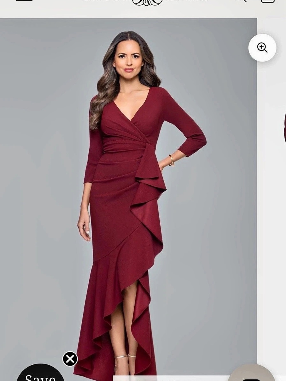 Betsy & Adam V-Neck Cascade Ruffle High-Low Gown Burgundy